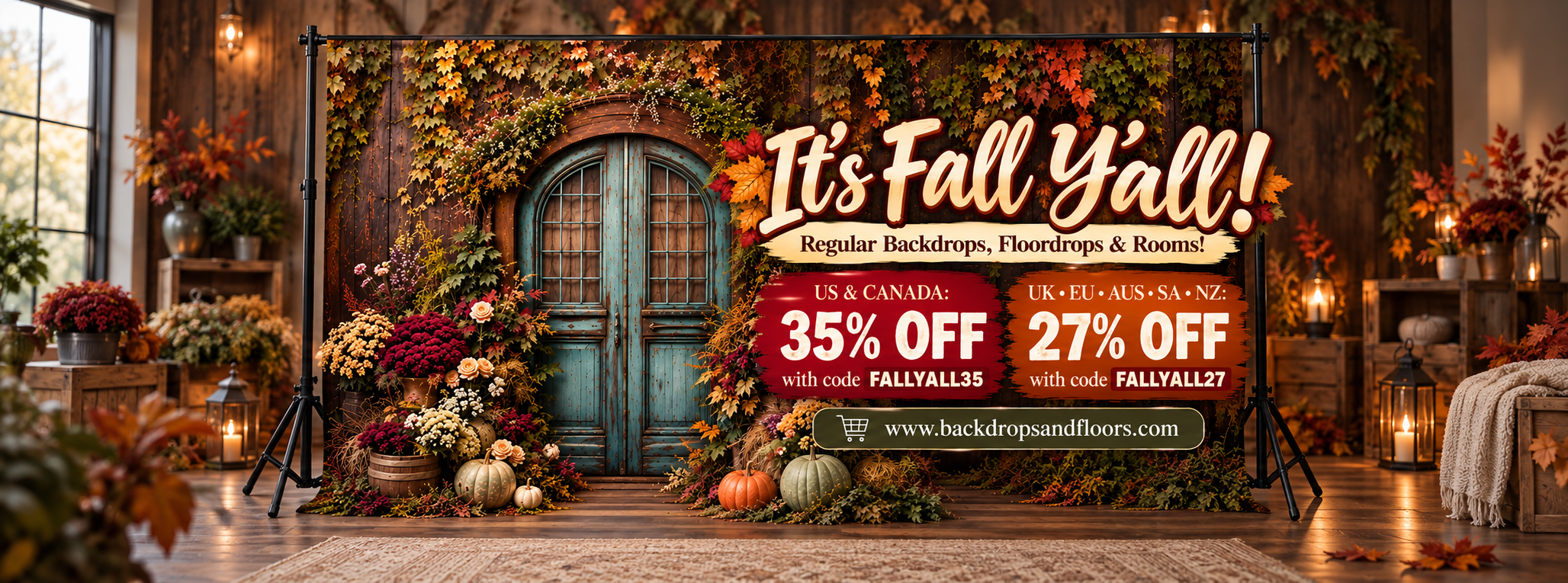 We're celebrating Fall Y'all! Regular Backdrops, Floordrops & Rooms are on SALE!! US & Canada: 35% OFF with code FALLYALL35 UK • EU • AUS • SA • NZ: 27% OFF with code FALLYALL27